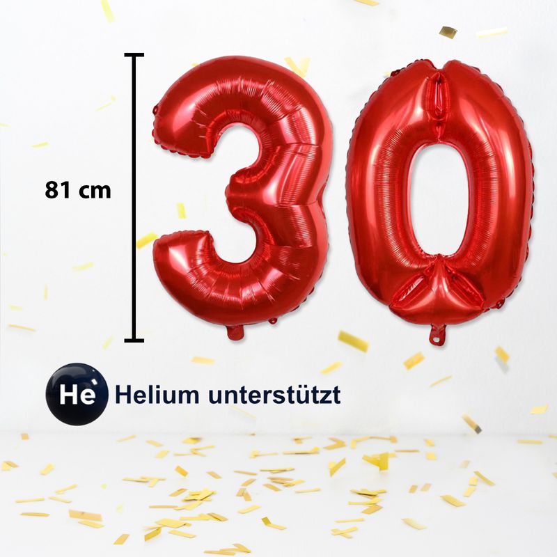 Zahlenballon Zahl 30 Folienballon Luftballon Heliumballon Rot 81cm