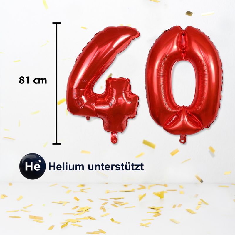 Folienballon Zahl 40 Rot Zahlenballon Luftballon Heliumballon 81cm