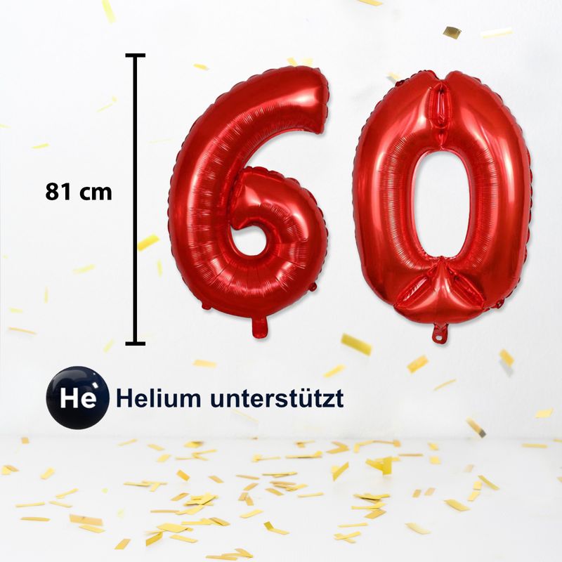 Zahlenballon Zahl 60 Folienballon Heliumballon Luftballon Rot 81cm