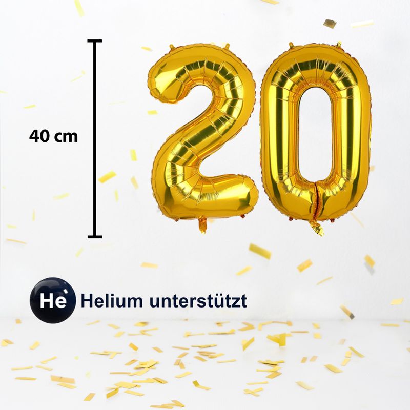 Folienballon Zahl 20 Zahlenballon Heliumballon Luftballon Golden 40cm