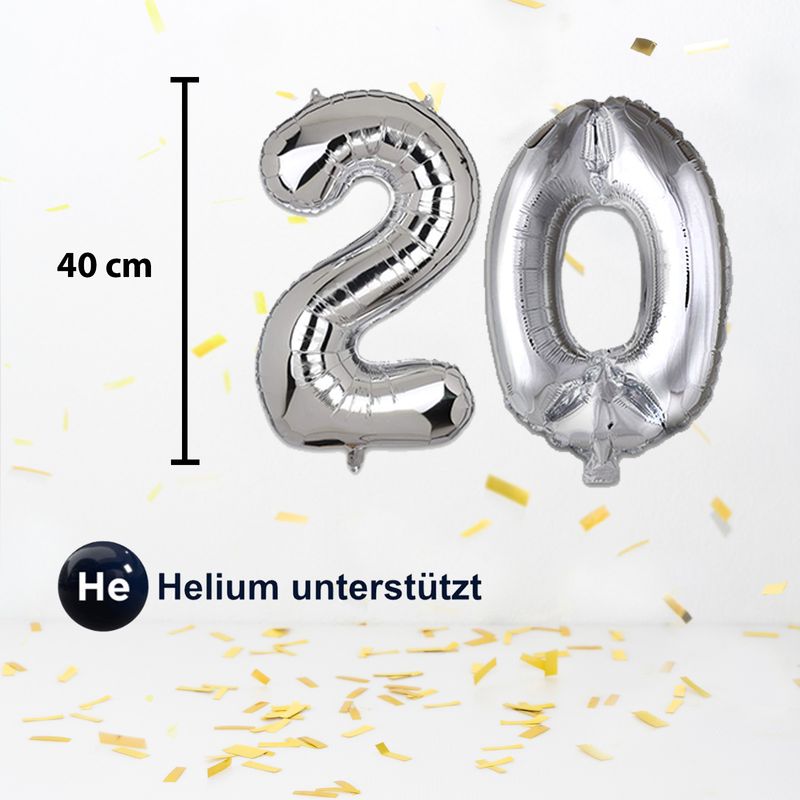 Folienballon Zahl 20 Zahlenballon Luftballon Heliumballon Silbrig 40cm