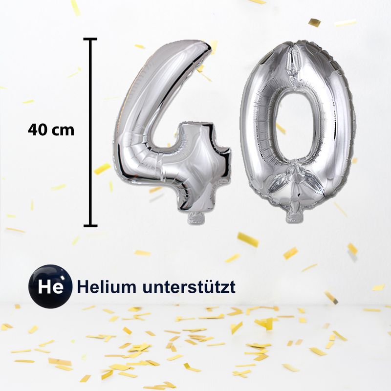 Zahlenballon Zahl 40 Folienballon Luftballon Heliumballon Silbrig 40cm