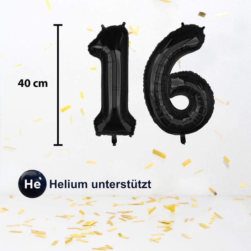 Folienballon Zahl 16 Zahlenballon Geburtstagsparty Ballon Schwarz 40cm