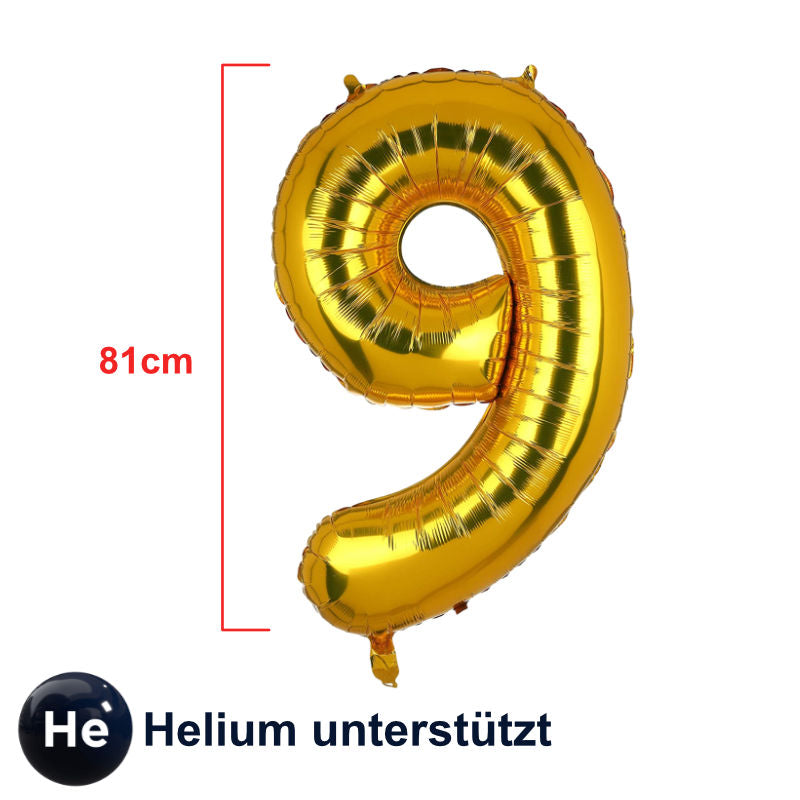 Zahlenballon Zahl 9 Golden Folienballon Luftballon Heliumballon 81cm