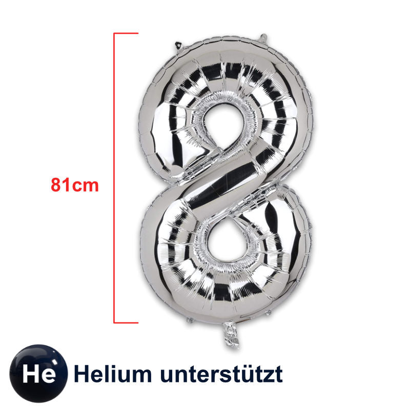 Folienballon Zahl 8 Silbrig Zahlenballon Heliumballon Luftballon 81cm