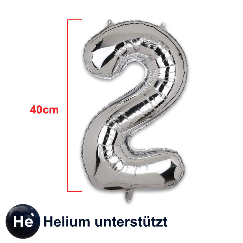 Zahlenballon Zahl 2 Folienballon Geburtstagsparty Ballon Silbrig 40cm