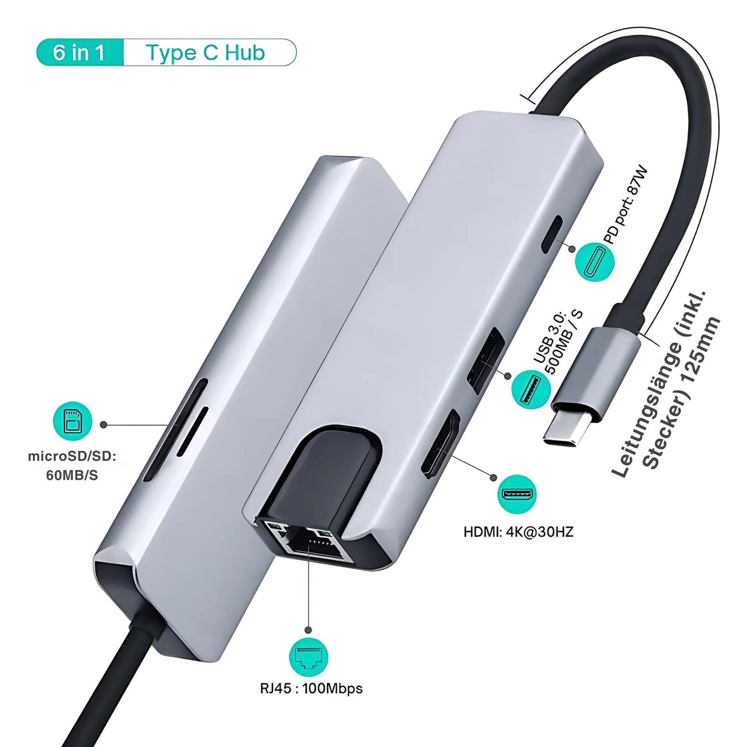 Dockingstation Multi USB-Hub USB-C 6in1 USB-A 3.0 HDMI 4K microSD/SD RJ45