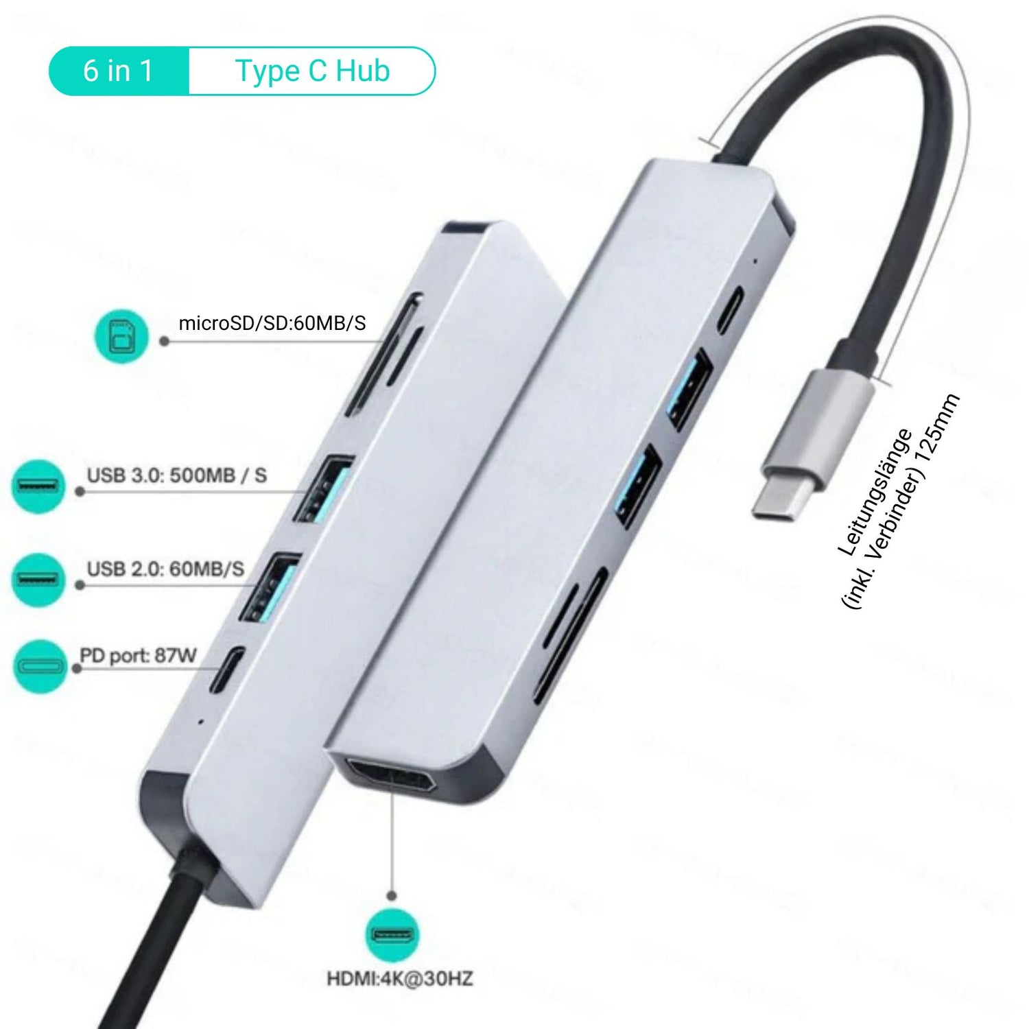 Dockingstation Multi USB-Hub USB-C 6in1 USB-A 3.0/2.0 HDMI 4K microSD/SD