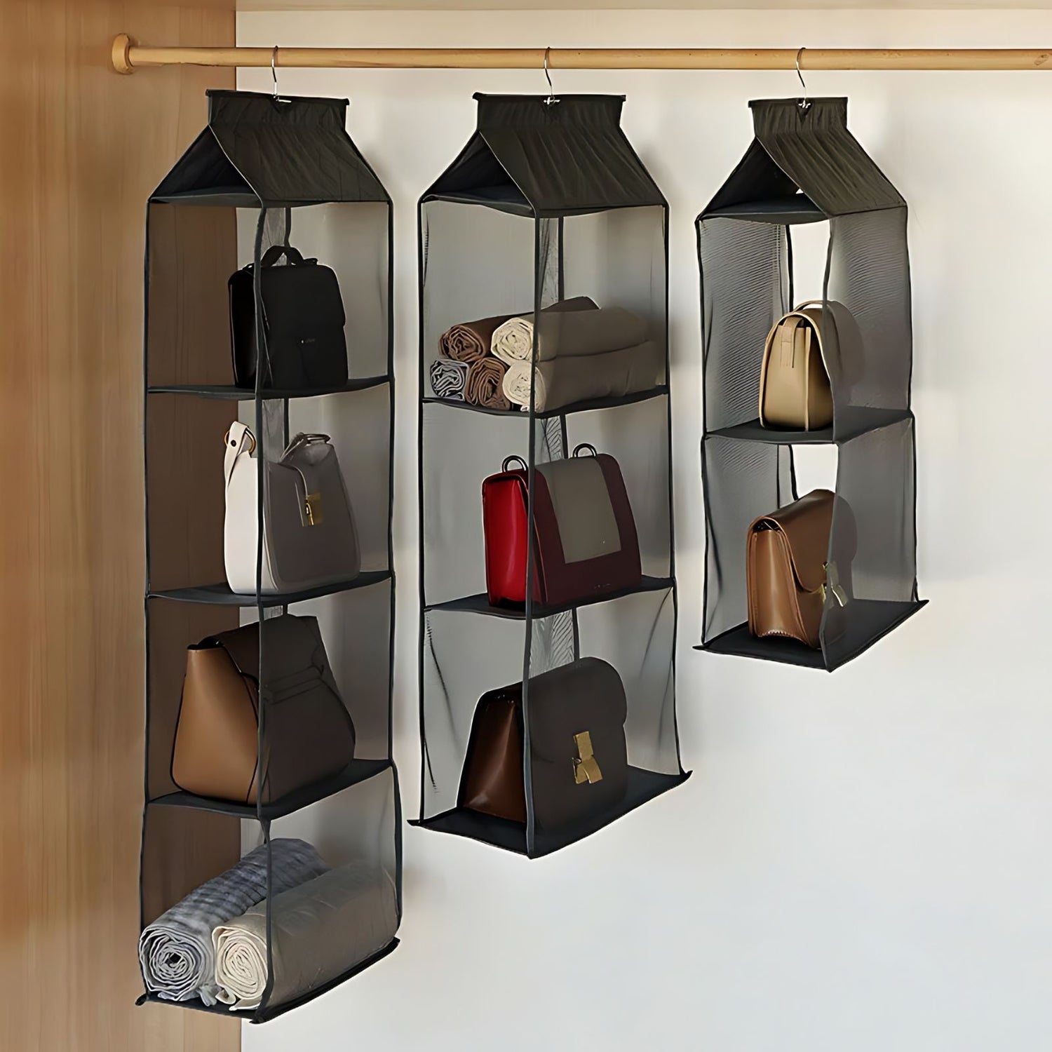 wie kann man handtaschen aufbewahren Handtaschen-Organizer zum Aufhängen Hängeaufbewahrung 3 Fächer Schwarz – Hermex.ch