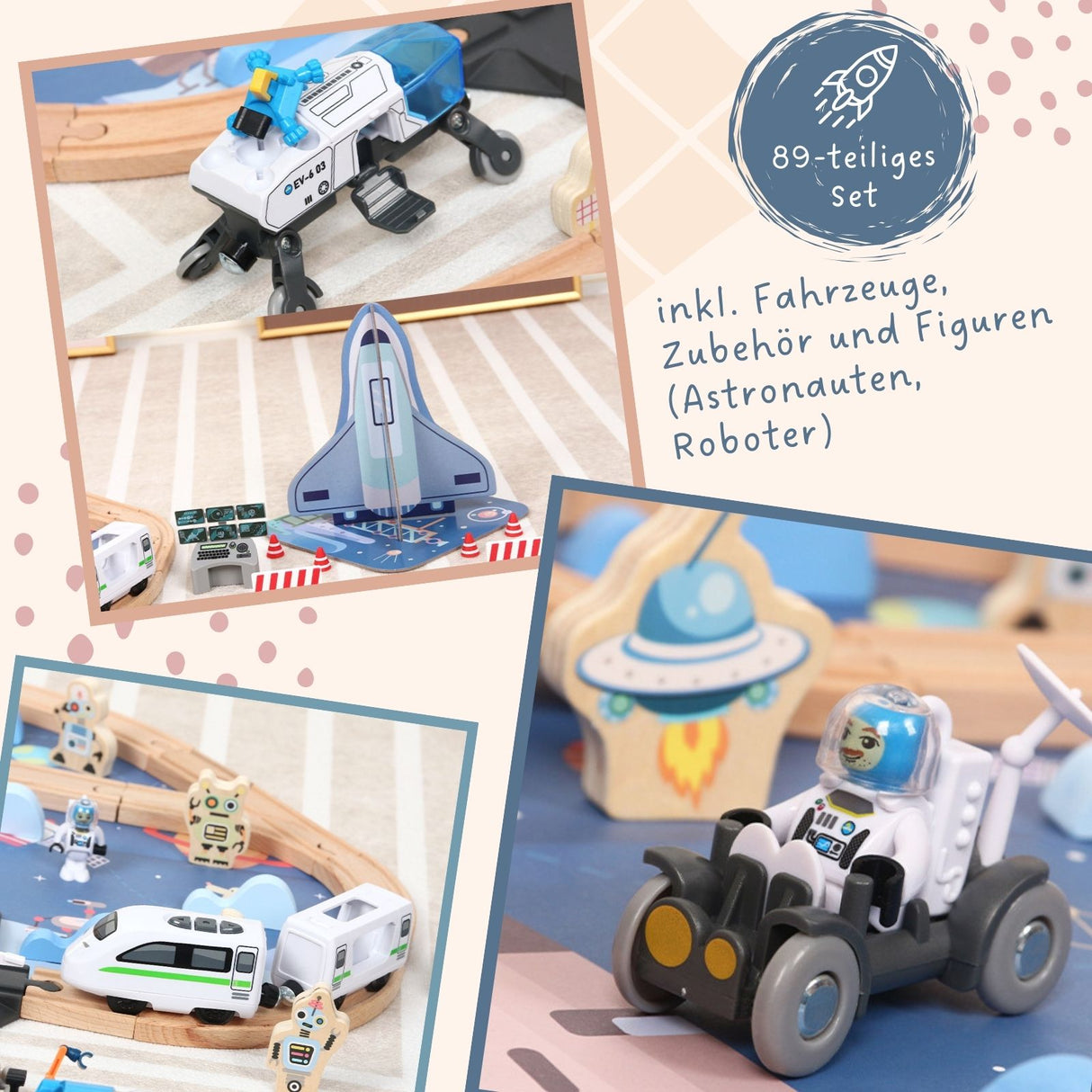 89-tlg. Holzeisenbahn-Set Weltraum-Spielzeugeisenbahn Kinderspielzeug