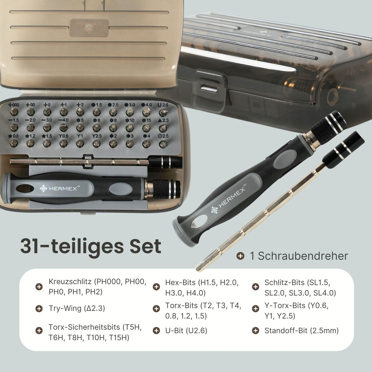 31-tlg. Hermex Set mit Schraubendreher und magnetischen Bits