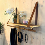 Wandregal 60cm mit Lederbändern und Holzstab Dekoregal Hängeregal