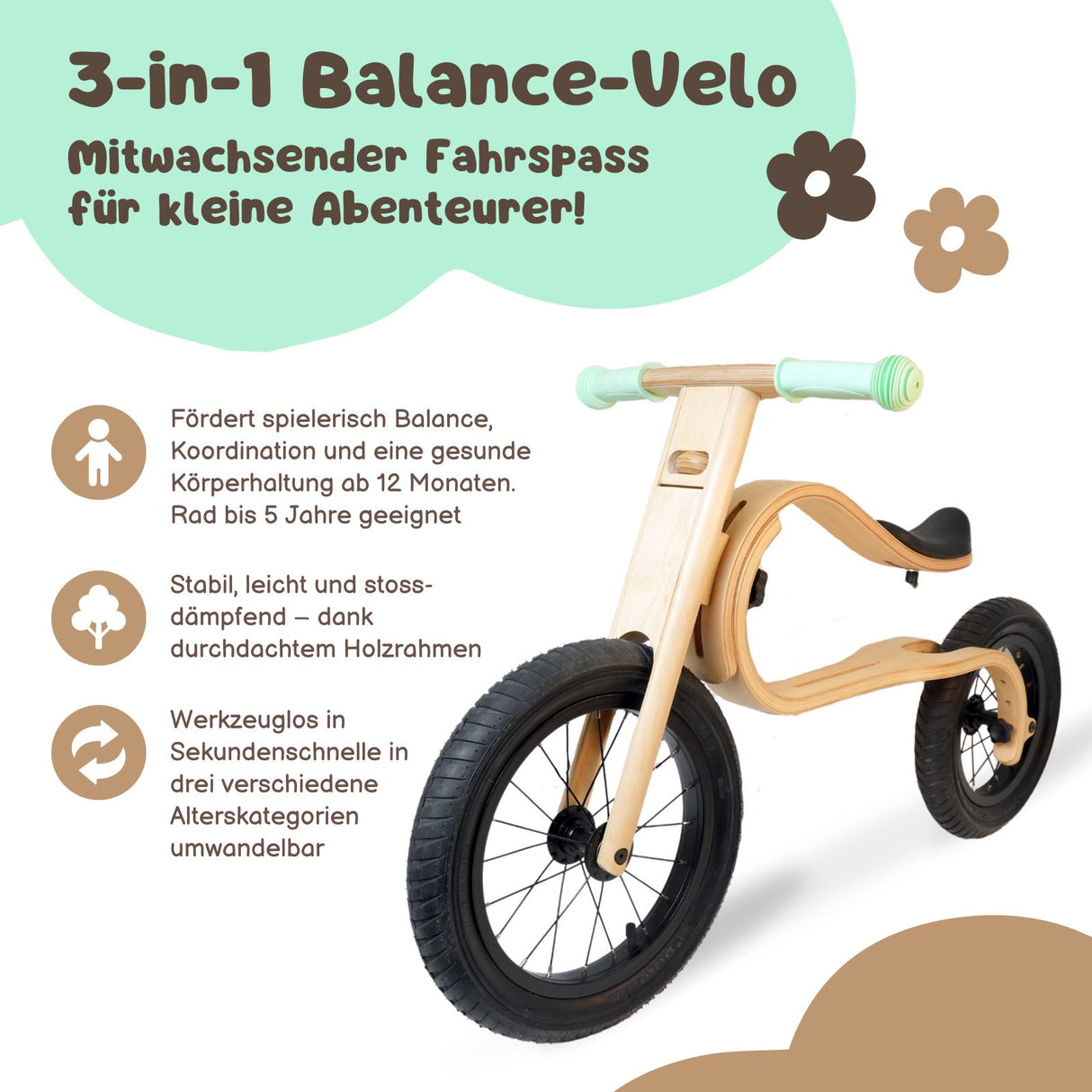 kinderfahrrad 3 rad Baby Balance Bike 3 in 1 Lauflernrad Laufrad Kinderfahrrad aus Holz –  Hermex.ch