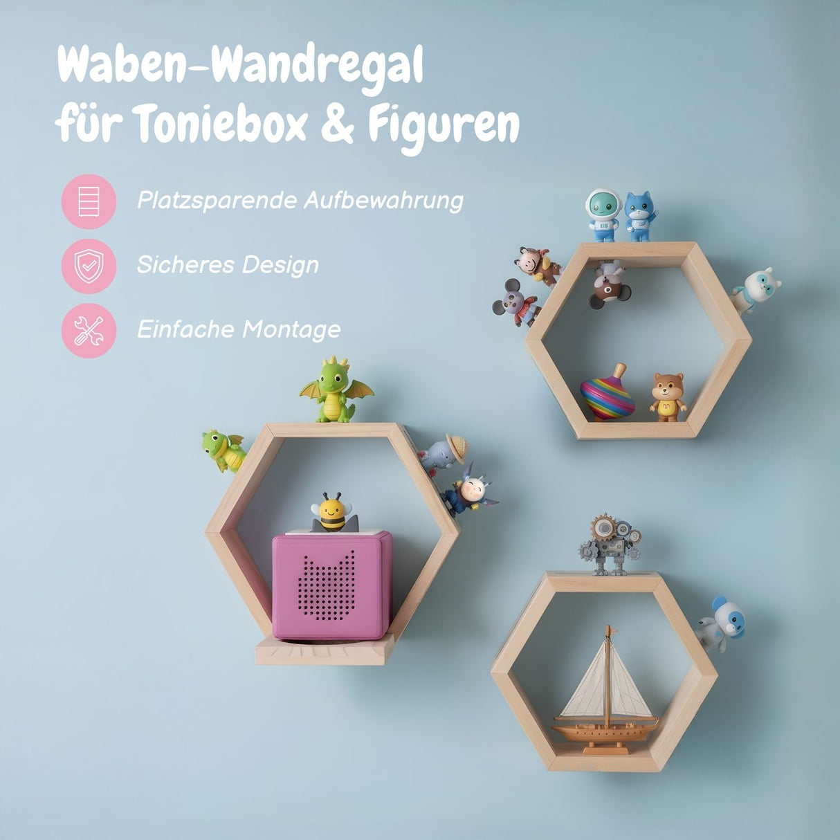 3-tlg. Hexagon Holzregal für Toniebox und Toniefiguren Waben-Wandregal