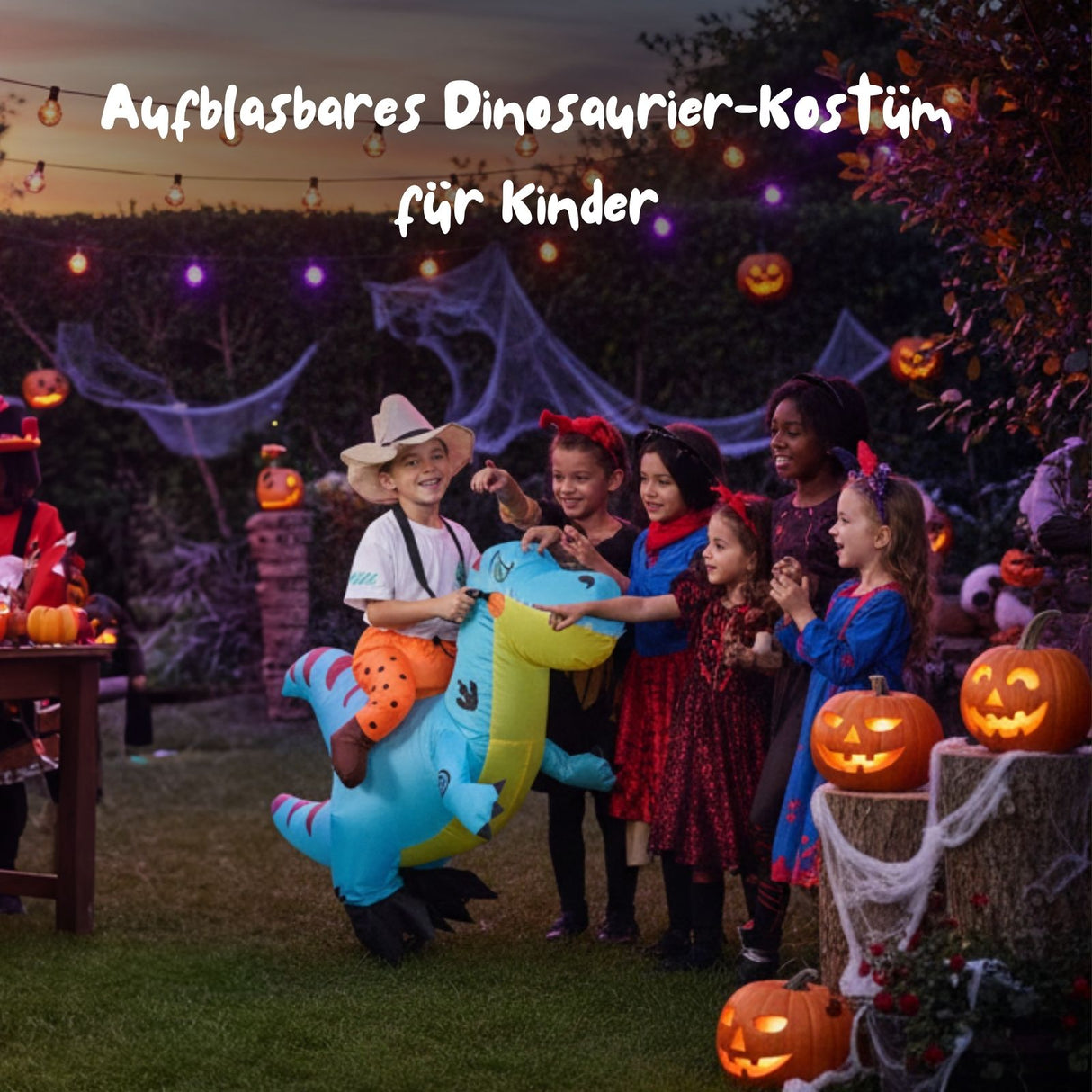 Dinosaurier Kostüm Kinder 120–140cm –  blau, mit Lüfter & Batteriekasten