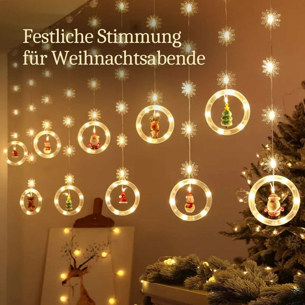 LED Weihnachtslichterkette 3m Lichtvorhang mit Ringen und Schneeflocken