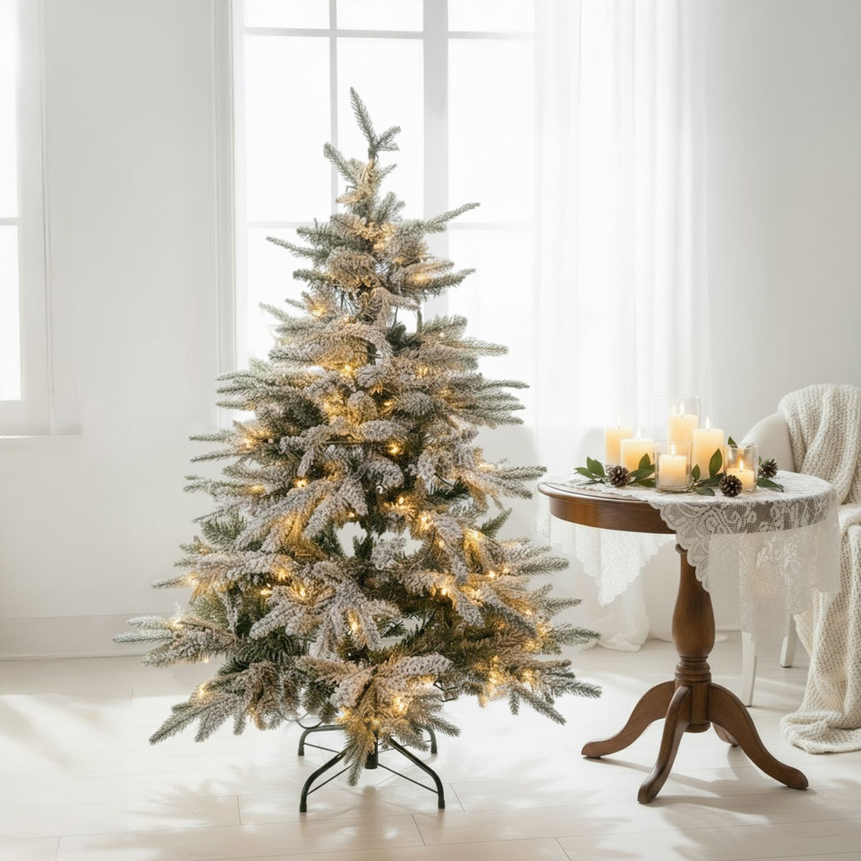 Weihnachtsbaum 150cm mit Schnee und LED Christbaum Tanne Kunsttanne