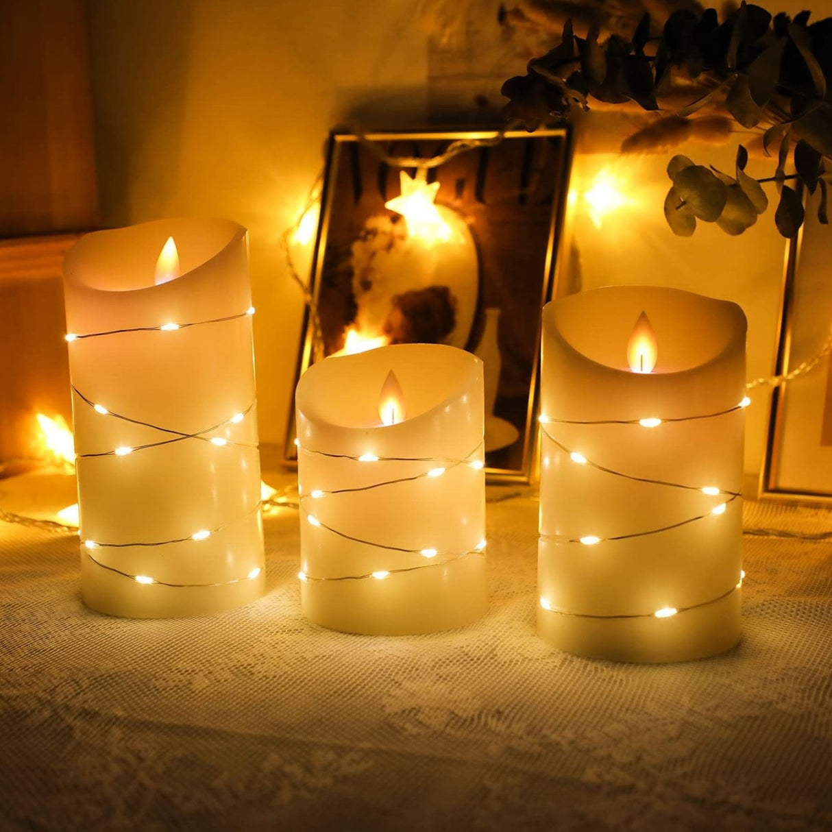 3er-Set LED Echtwachskerze mit Lichterkette Elektronische Stumpenkerze