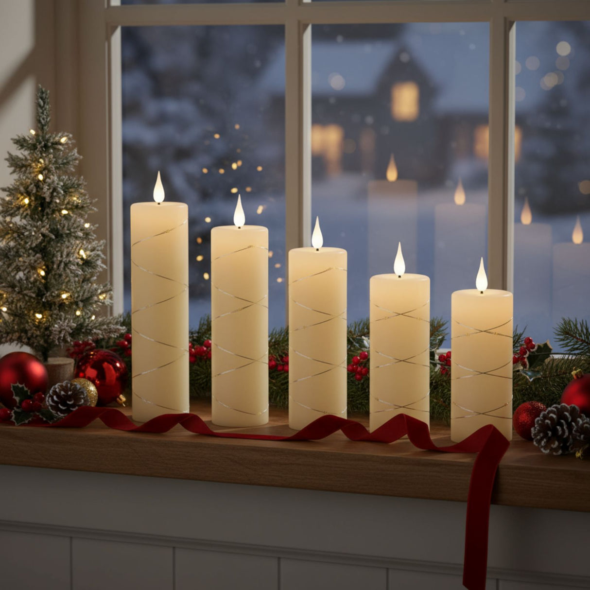 5er-Set LED Echtwachskerze mit Lichterkette Elektronische Stabkerze