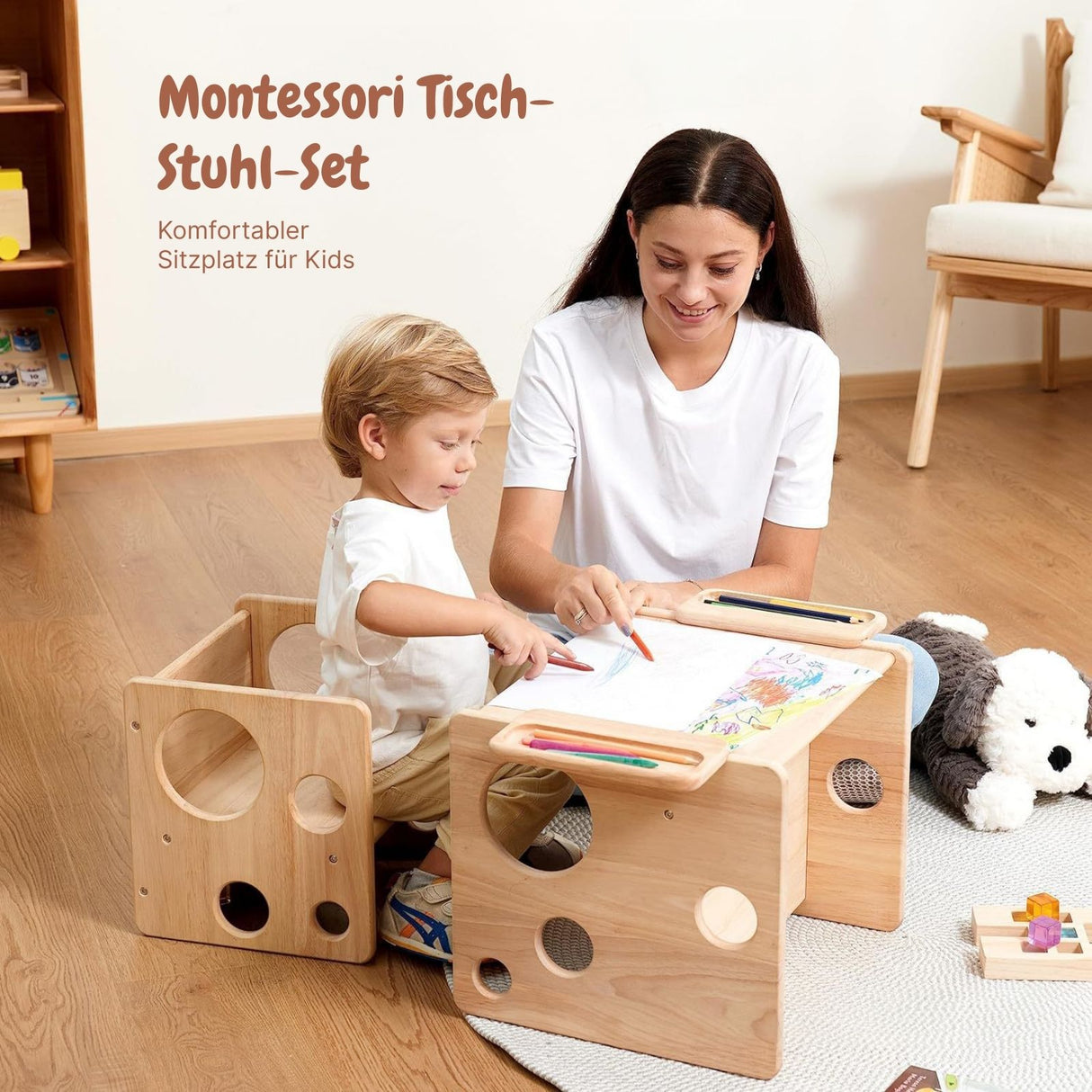 Montessori Tisch- und Stuhl-Set aus Holz für Kinder Kindermöbel Hocker