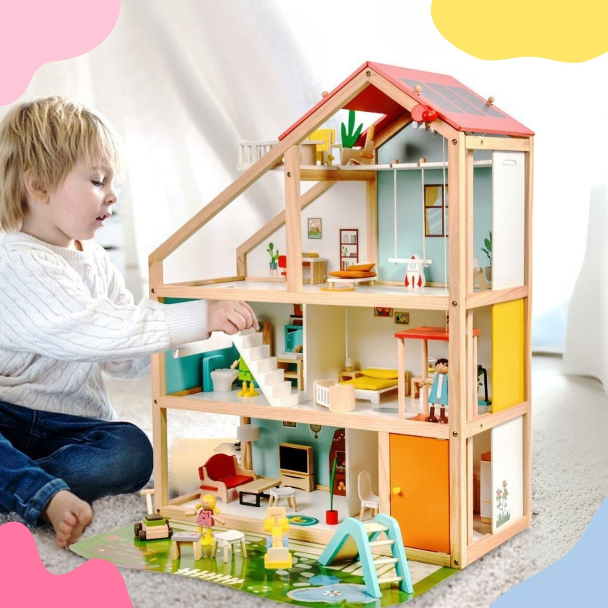 59-tlg. Holz-Puppenhaus mit Puppen Puppen-Villa mit Garten Spielhaus