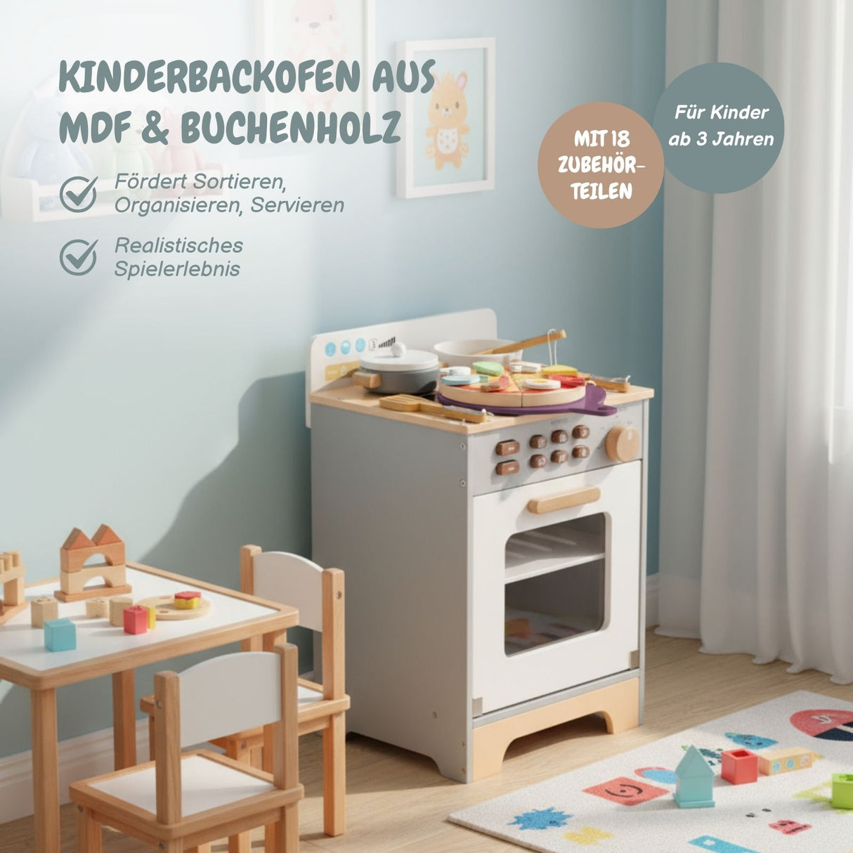 Kinder Spielhaus-Backofen aus Holz mit Zubehör Kinderofen Herd