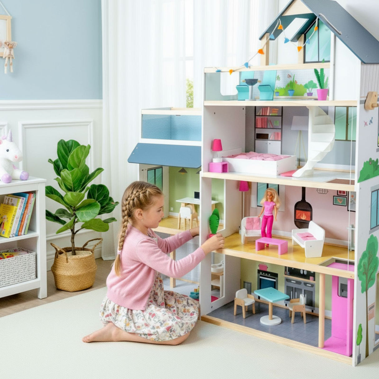 33-tlg. XXL Puppenhaus aus Holz Puppenvilla Spielhaus für Barbies