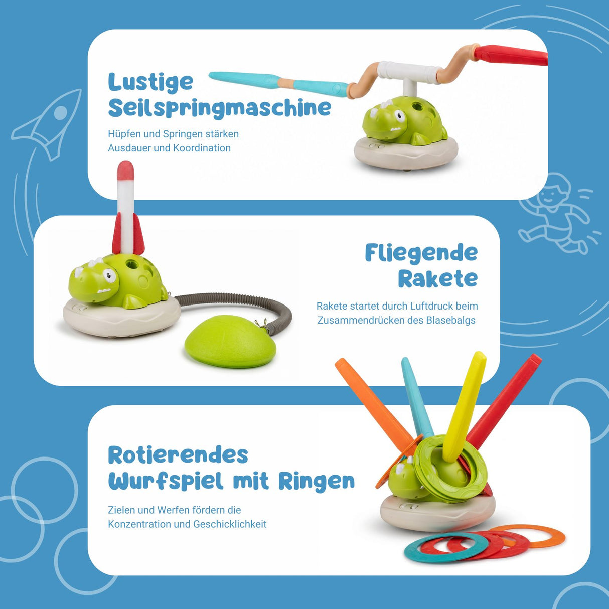 3in1 Geschicklichkeitsspiel für Kinder Ringwurf Hüpfspiel Raketenstart