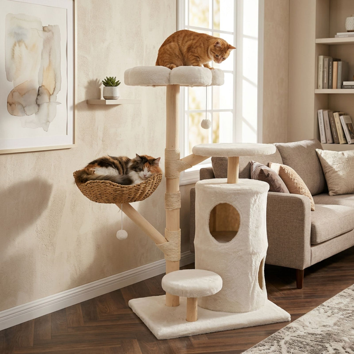 Kratzbaum mit Korb und Höhlen Katzenbaum Kletterbaum Katzenspielzeug