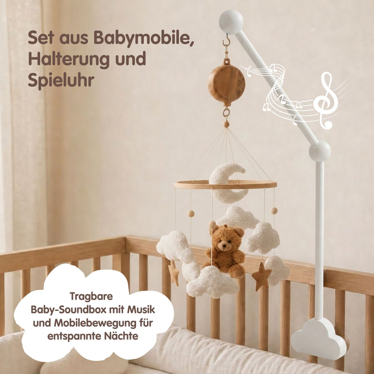 Mobile mit Halterung und Spieluhr Teddybär Schlafbegleiter mit Musik