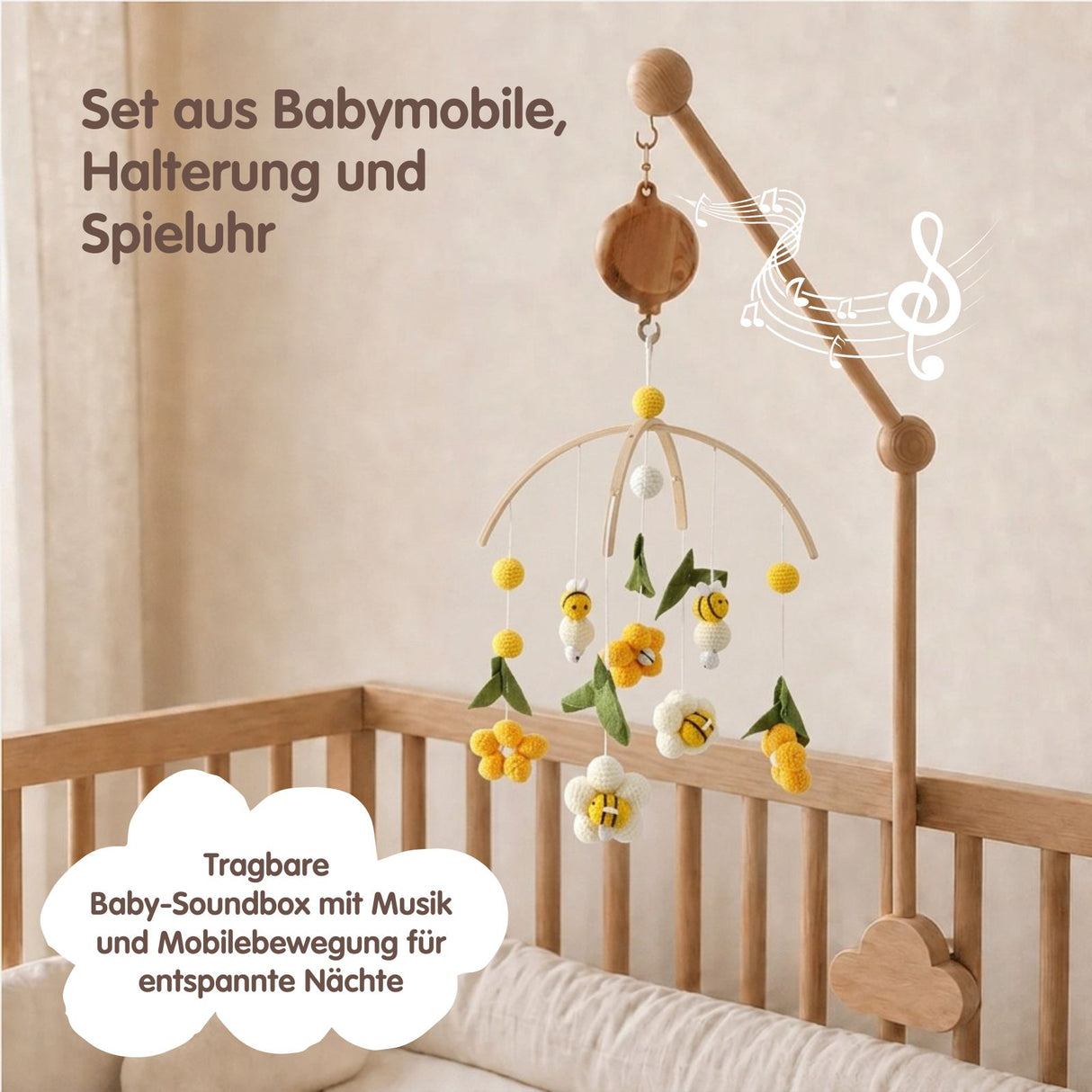 Mobile mit Halterung und Spieluhr Bienen Einschlafhilfe mit Musik