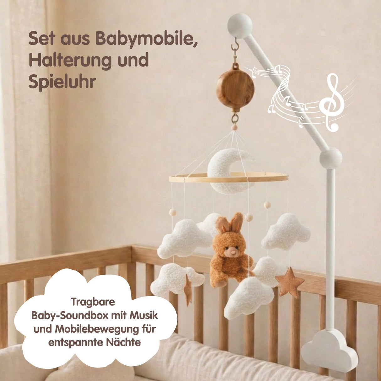 Mobile mit Halterung und Spieluhr Hase Braun Schlafbegleiter mit Musik