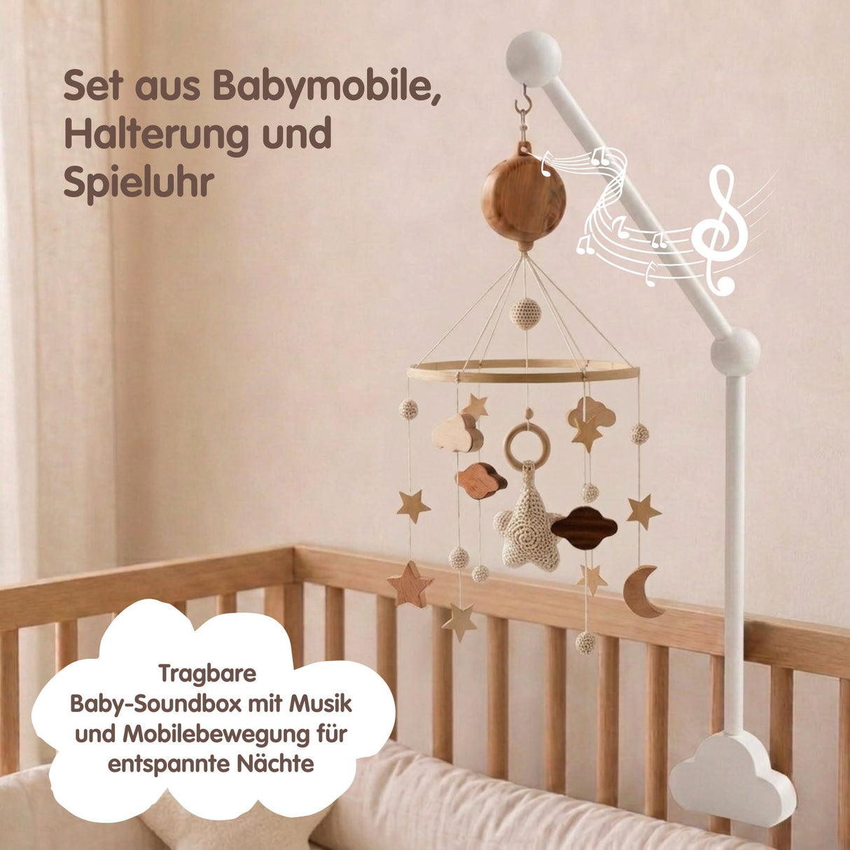 Mobile mit Halterung und Spieluhr Stern Weiss Schlafbegleiter mit Musik