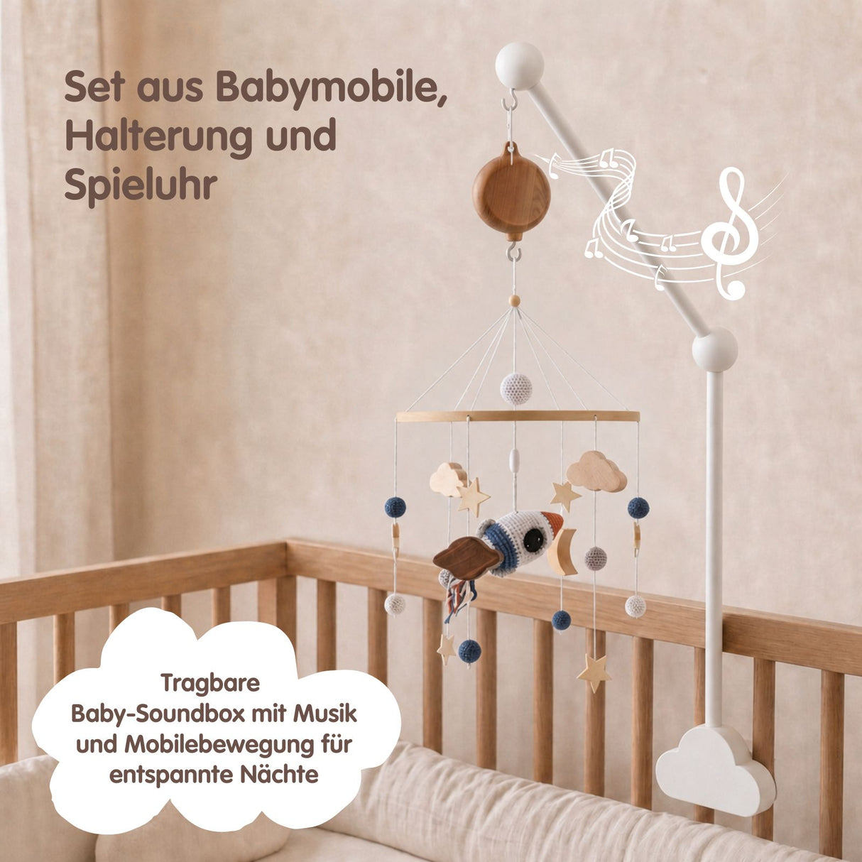 Mobile mit Halterung und Spieluhr Rakete Schlafbegleiter mit Musik
