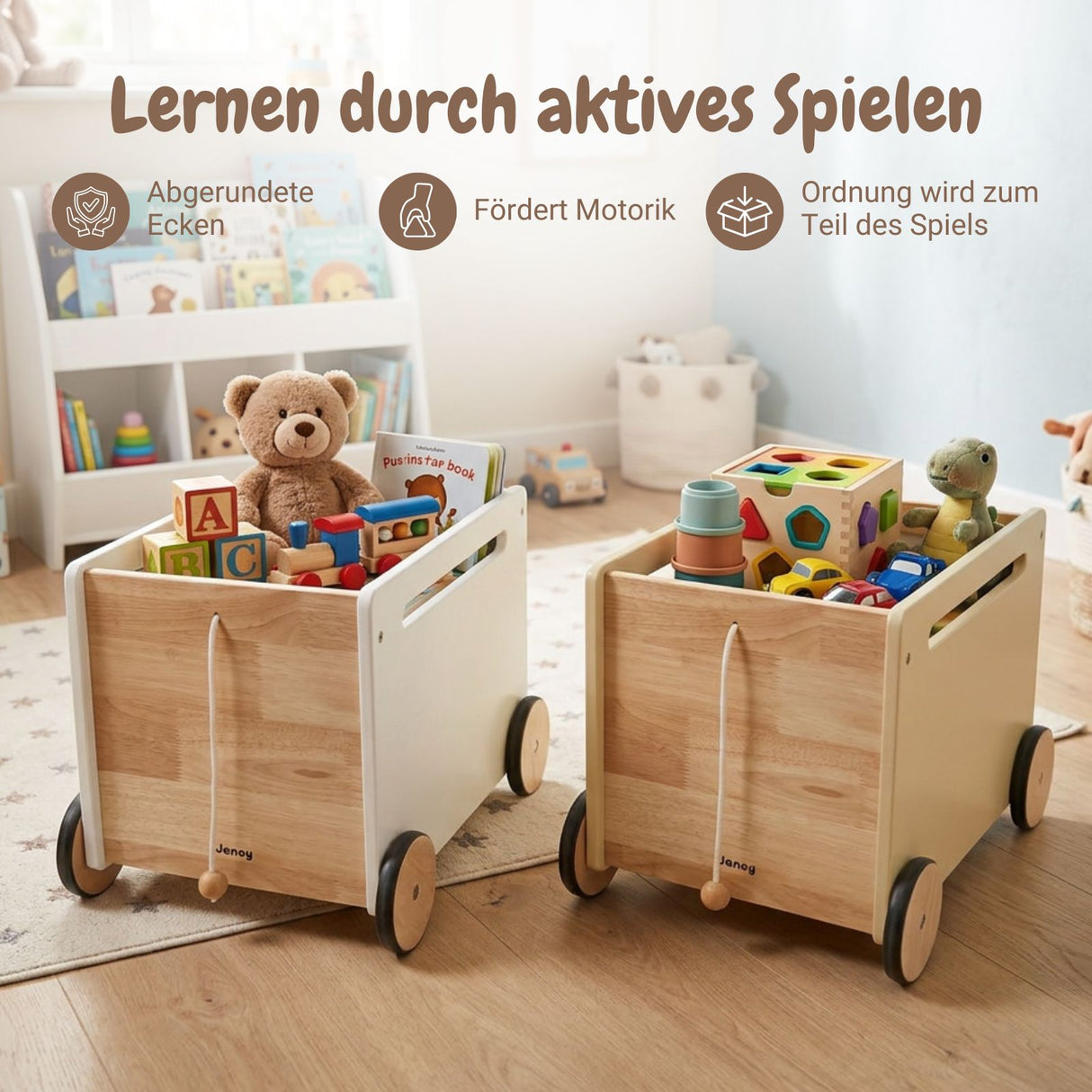 2er-Set Holz-Spielzeugtruhe auf Rollen Bücherkiste Spielzeugkiste