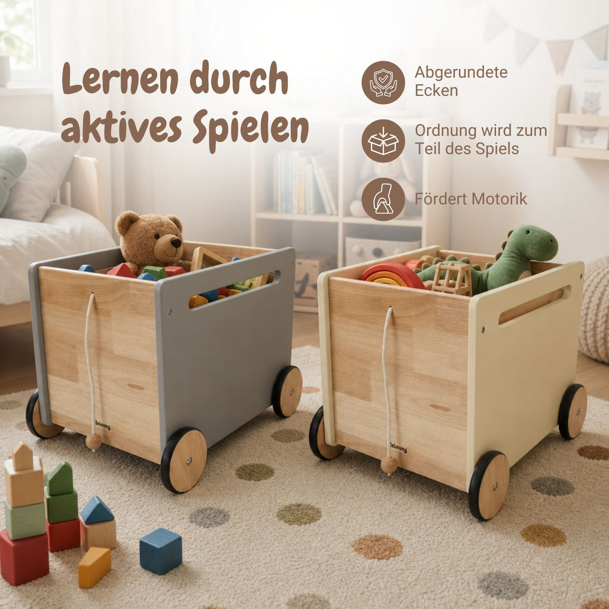 2er-Set Holz-Spielzeugkiste auf Rollen Bücherkiste Spielzeugtruhe