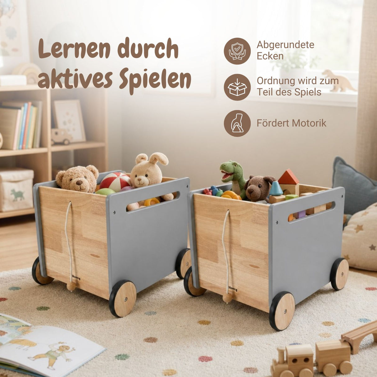2er-Set Holz-Bücherkiste auf Rollen Spielzeugtruhe Spielzeugkiste
