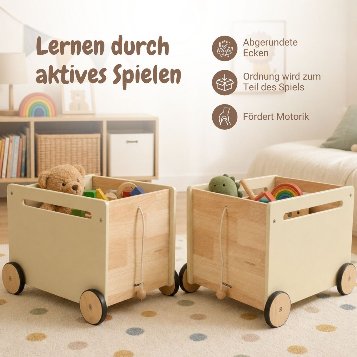 2er-Set Holz-Bücherkiste auf Rollen Spielzeugkiste Spielzeugtruhe