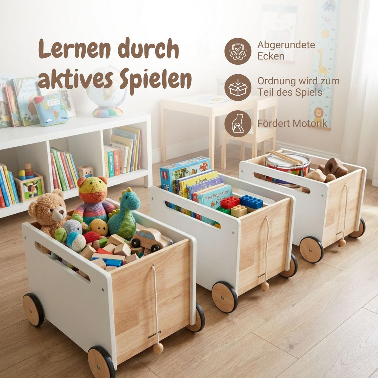 3er-Set Holz-Spielzeugtruhe auf Rollen Bücherkiste Spielzeugkiste