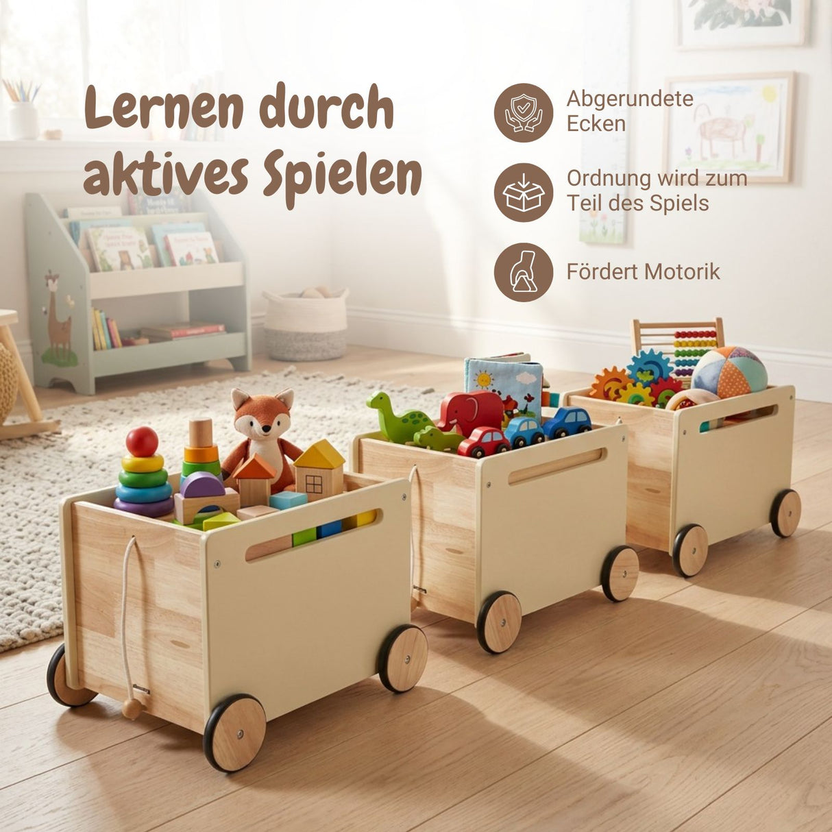 3er-Set Holz-Spielzeugkiste auf Rollen Spielzeugtruhe Bücherkiste