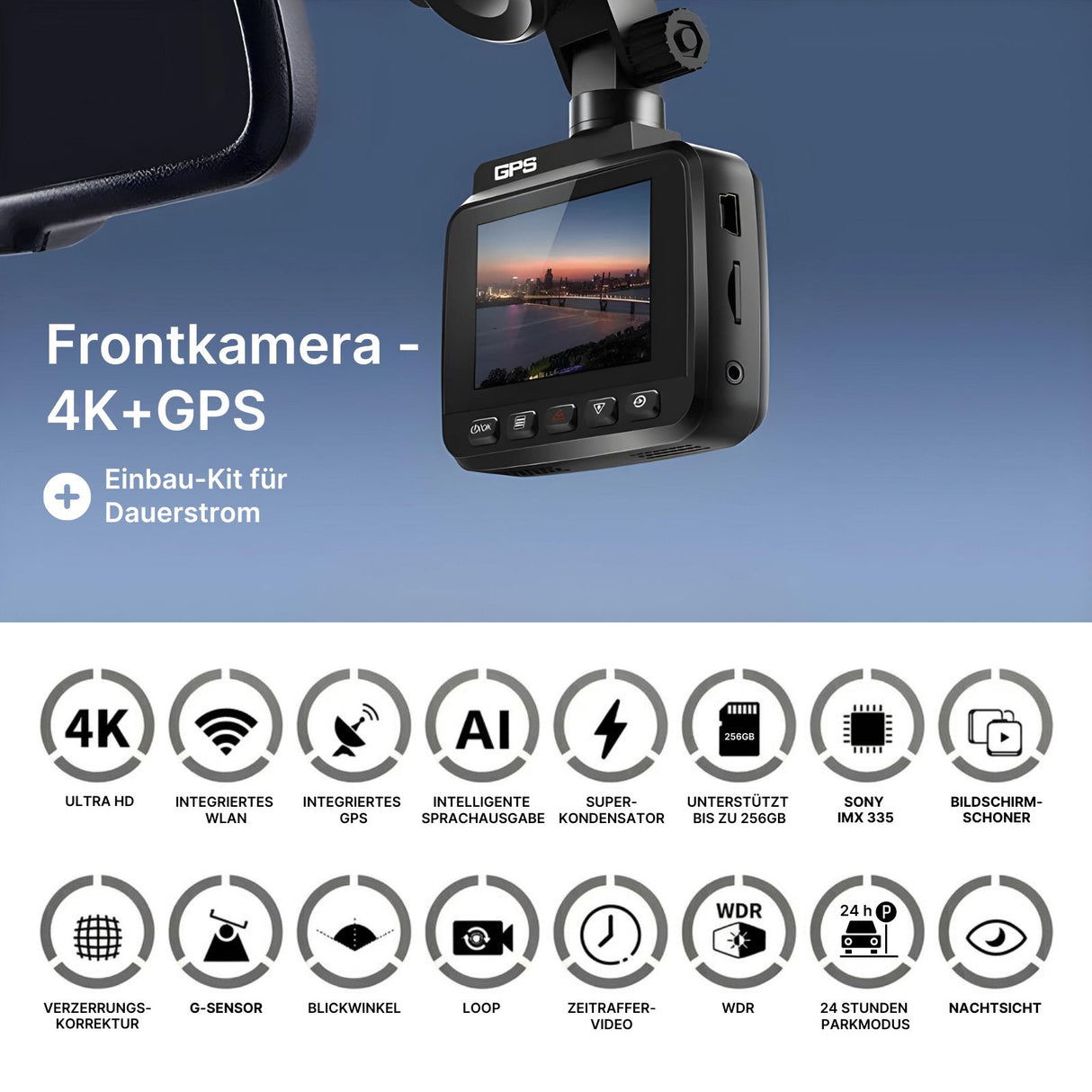 4K Dual-Dashcam mit Hardwire-Kit Onboard-Kamera mit Stromanschluss-Set