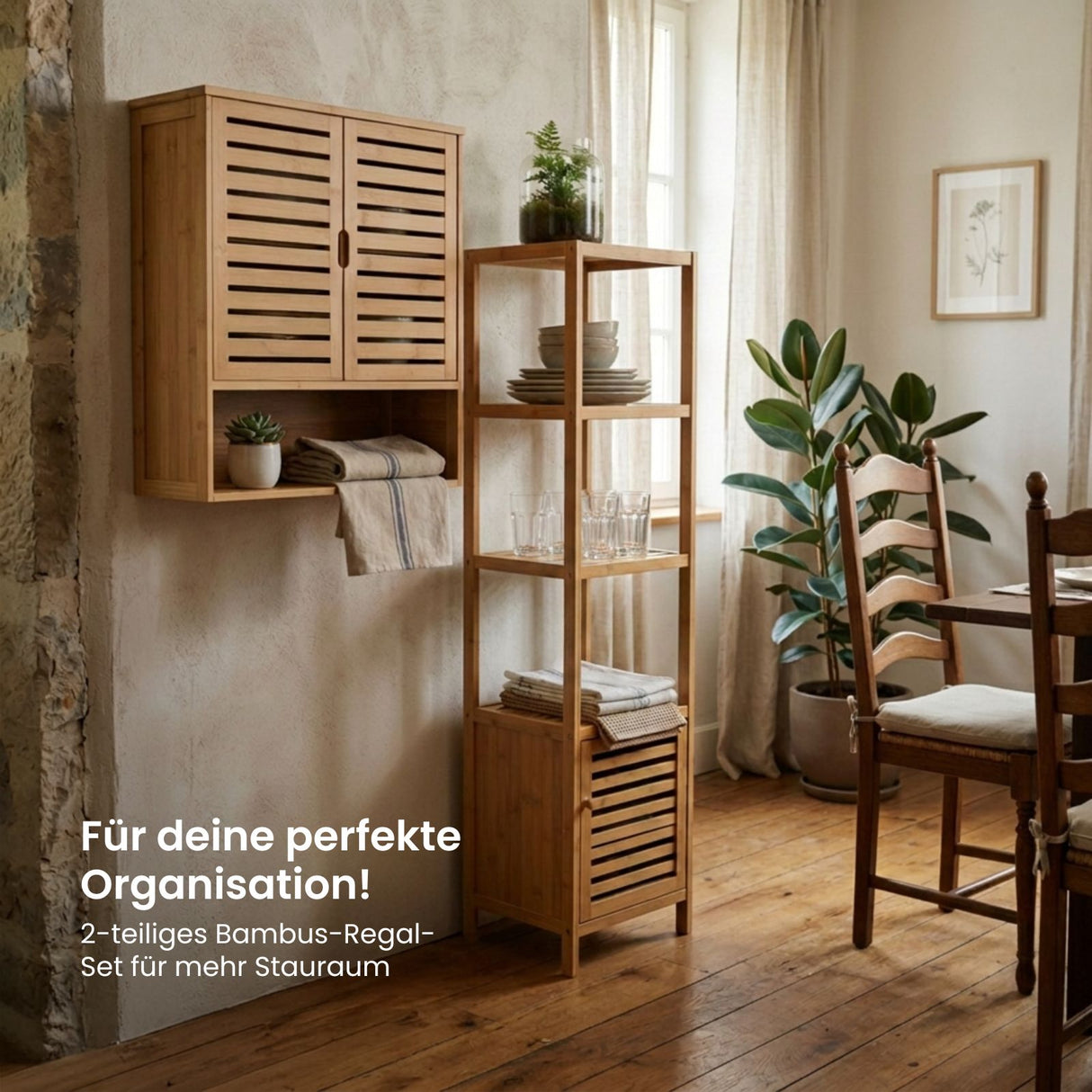 Bambus-Möbel-Set Badregal mit Schrank und Hängeschrank