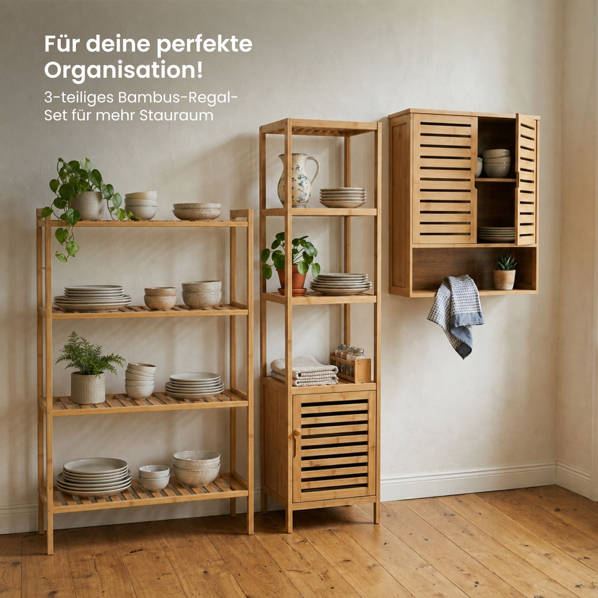 Bambus-Möbel-Set Badregal mit Schrank Standregal und Hängeschrank