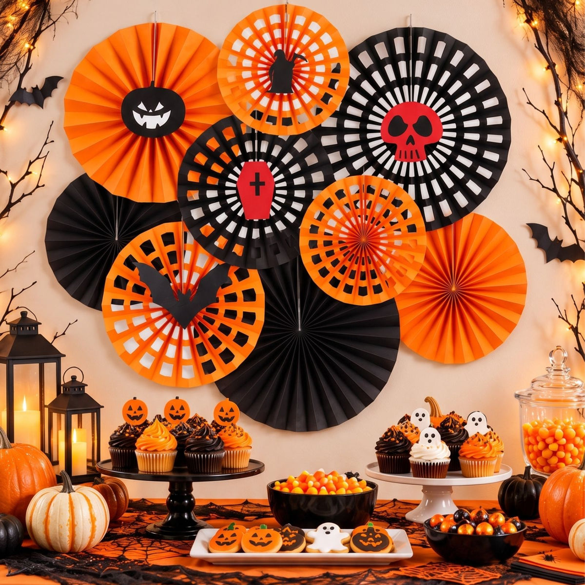 9-tlg. Set Halloween Dekofächer Papierrosetten Papierfächer Wabenfächer