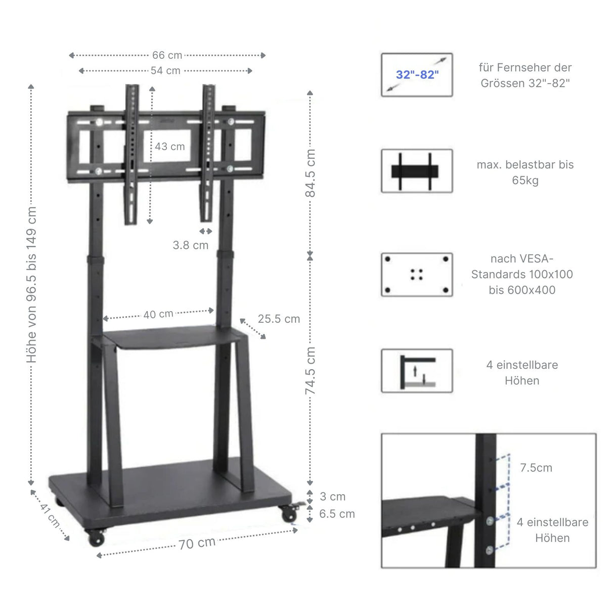 Universal TV-Standfuss Bildschirmhalterung-Ständer bis 82" mit Rollen