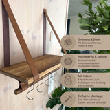 Wandregal 40cm mit Lederbändern und Holzstab Dekoregal Hängeregal