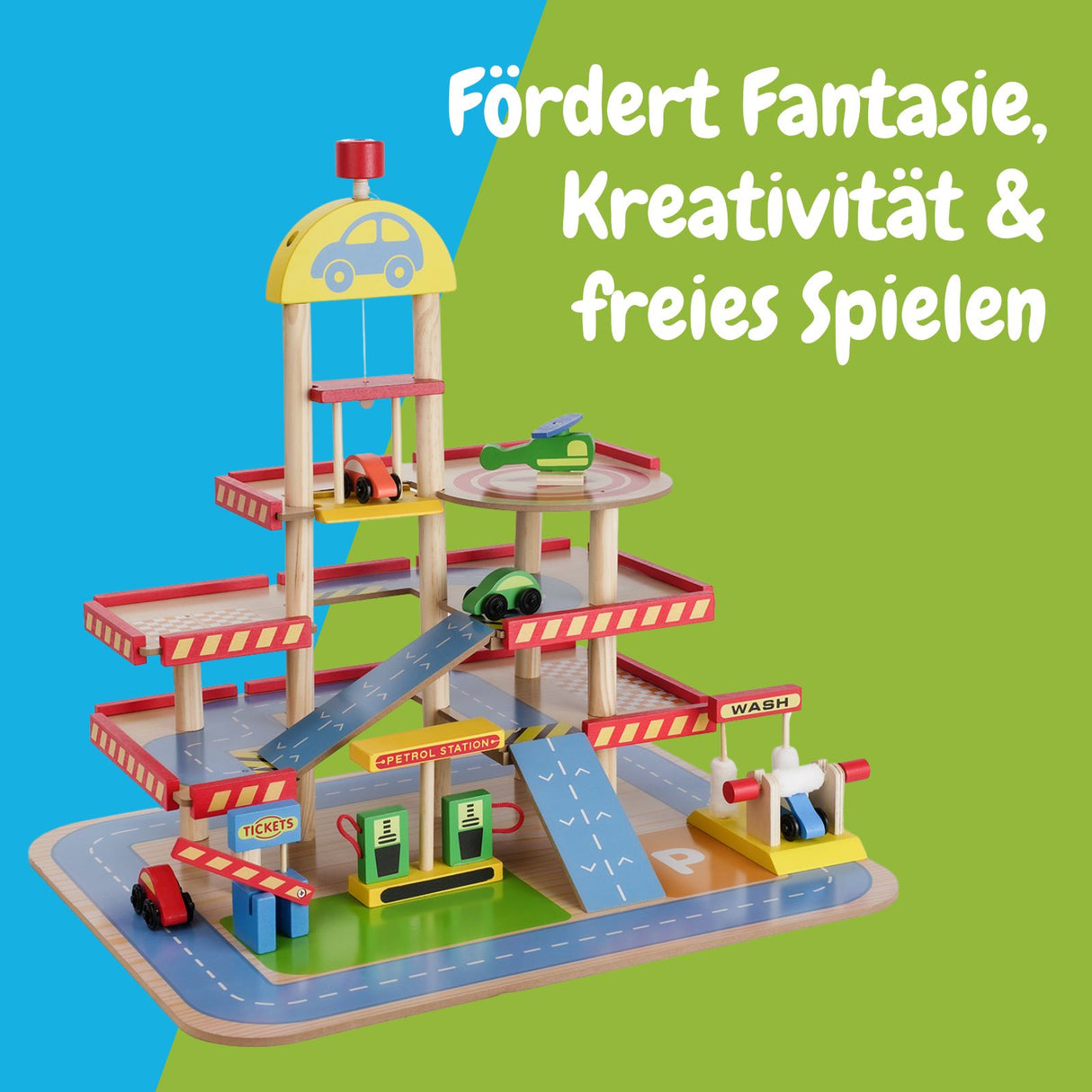 Holz-Parkhaus für Kinder mit Zubehör Parkgarage Spielzeug Spielgarage