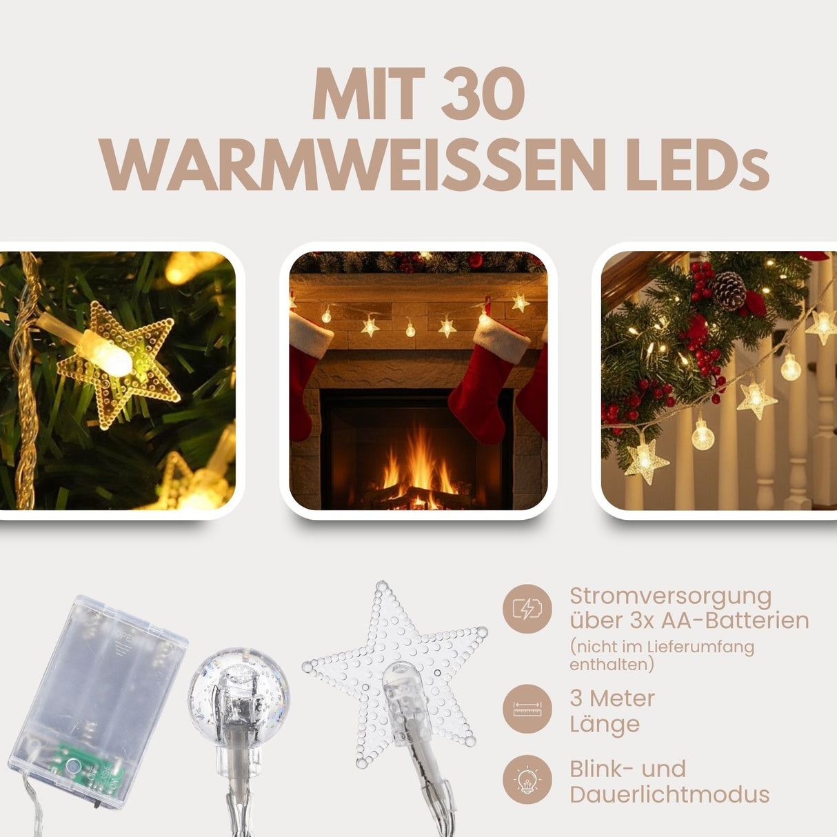 LED Kugel- und Sternenlichterkette 3m Dekolichterkette Sterne Kugeln