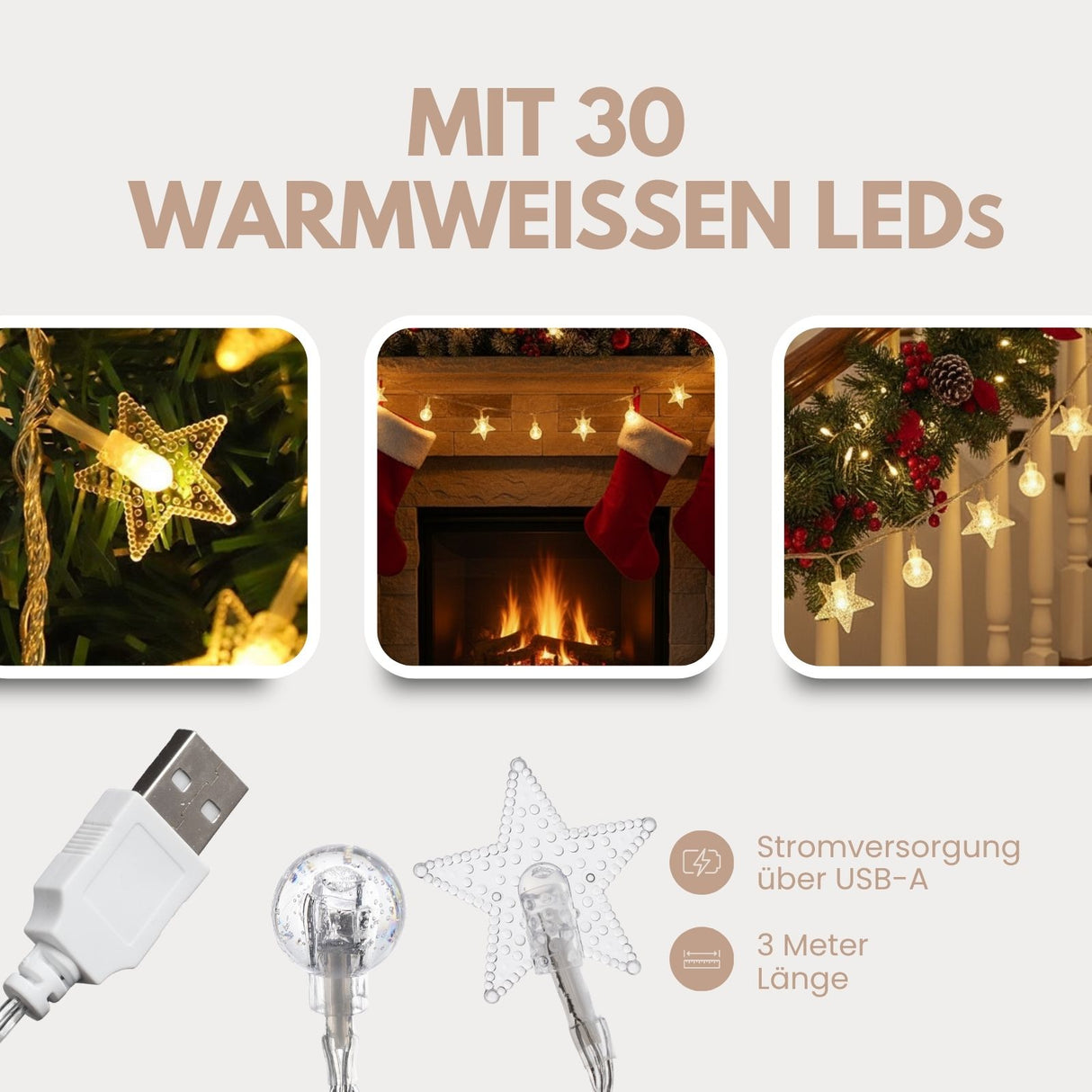 LED Kugel- und Sternenlichterkette 3m Dekolichterkette Kugeln Sterne