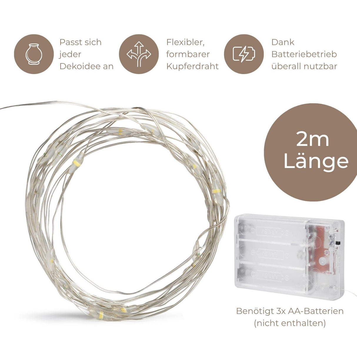 LED Kupferdraht-Lichterkette 2m Deko-Lichter Weihnachtslichterkette